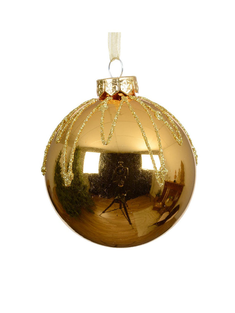 8cm Gold Shiny Glass Bauble with Gold Glitter Lines