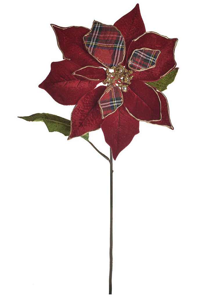 50cm Poinsettia Red Tartan Stem