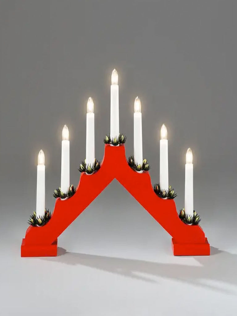7 Light Red Wooden Christmas Candle Bridge
