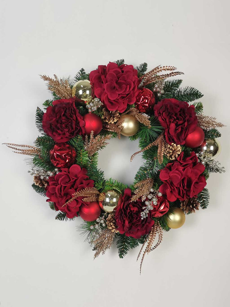 60cm Red & Gold Peony Decorated Wreath