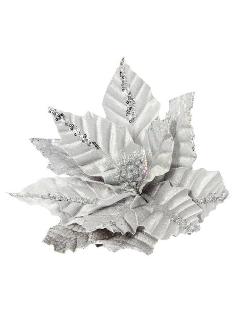18cm Silver Velvet Poinsettia with Sequins Clip