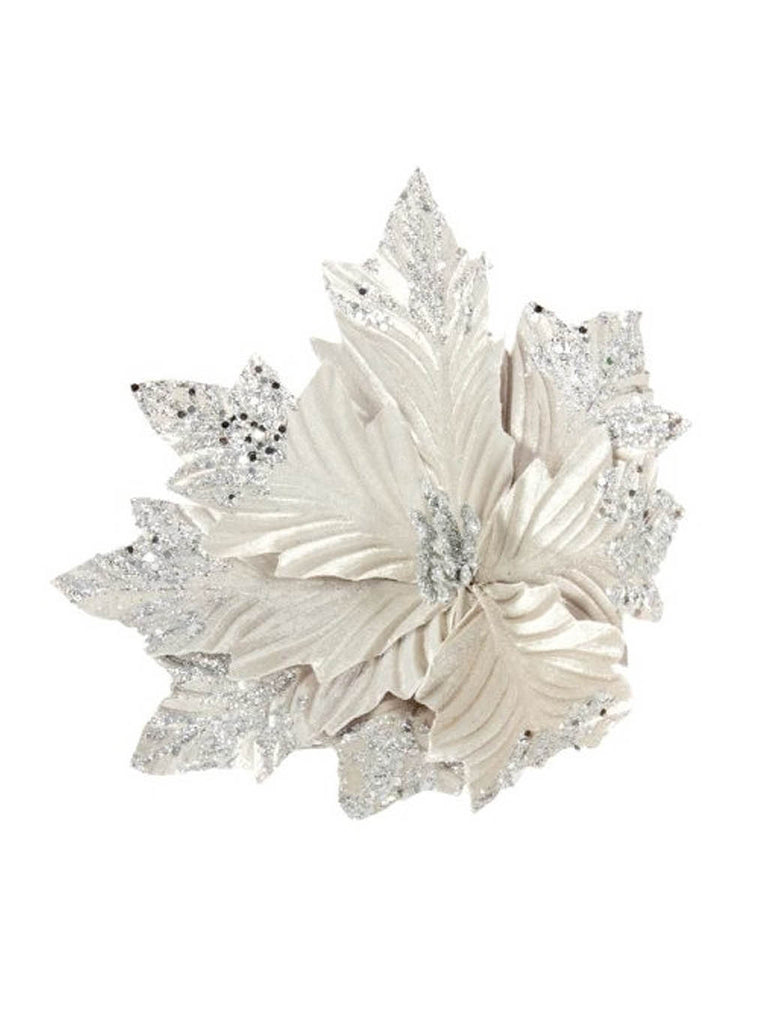 18cm Velvet Poinsettia with Glitter Leaves Clip - Silver