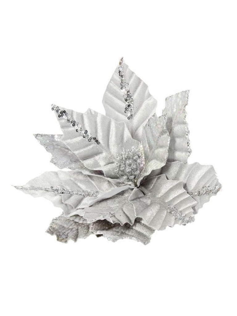 58cm Silver Velvet Poinsettia with Sequins Stem