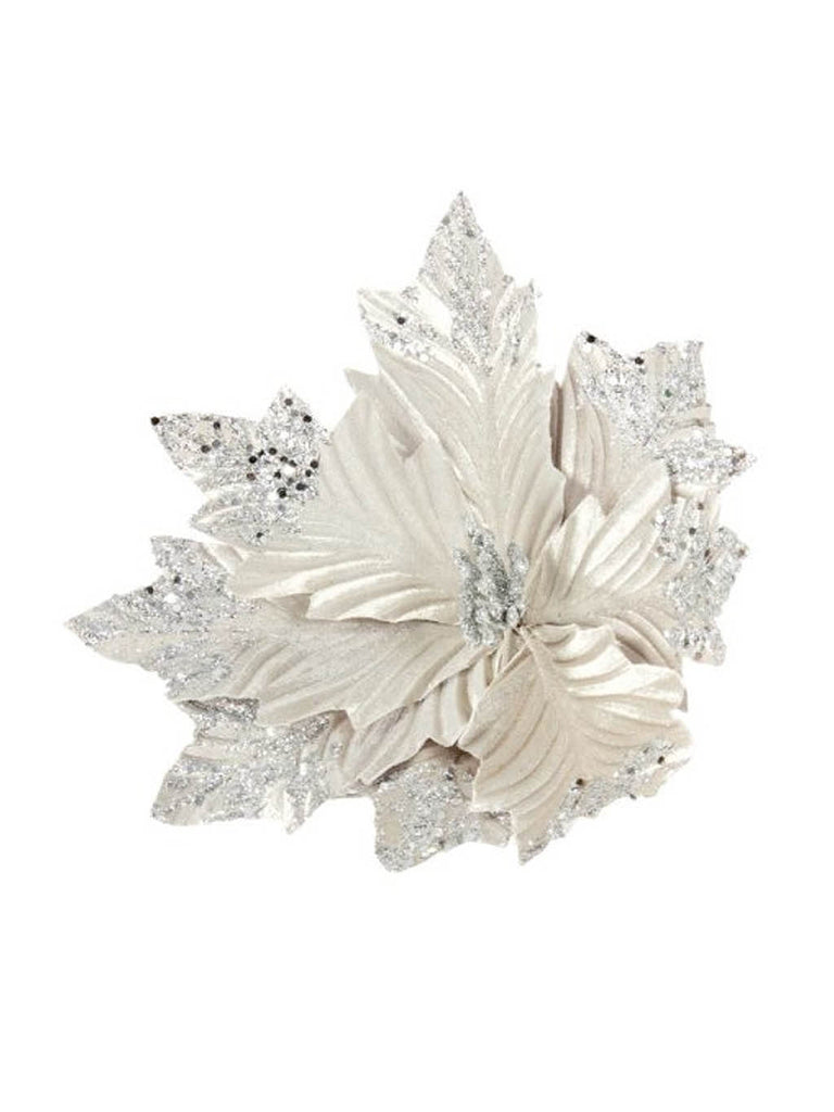 58cm Velvet Poinsettia with Glitter Leaves Stem - Silver