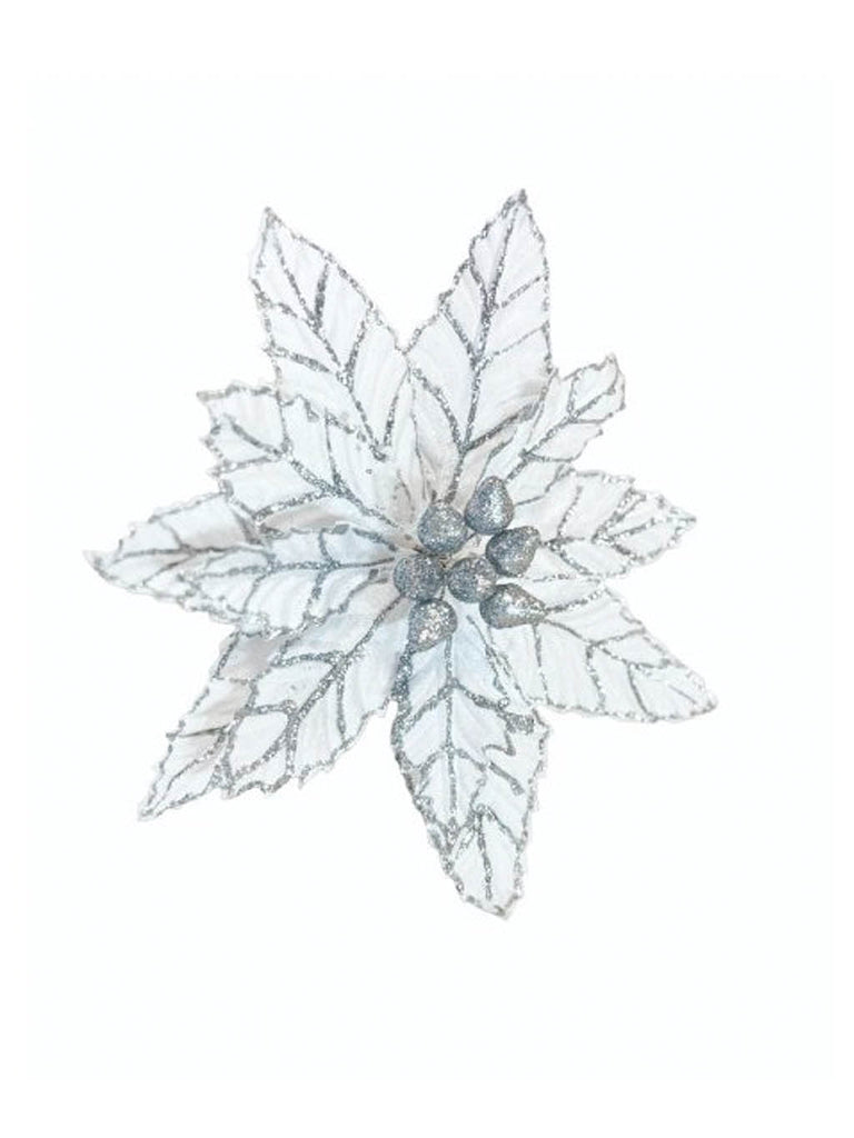 18cm White Flower with Silver Glitter Trim Clip