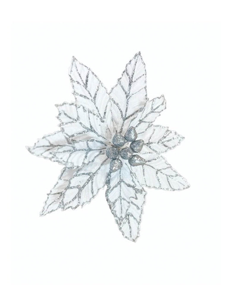 58cm White Flower with Silver Glitter Trim Stem