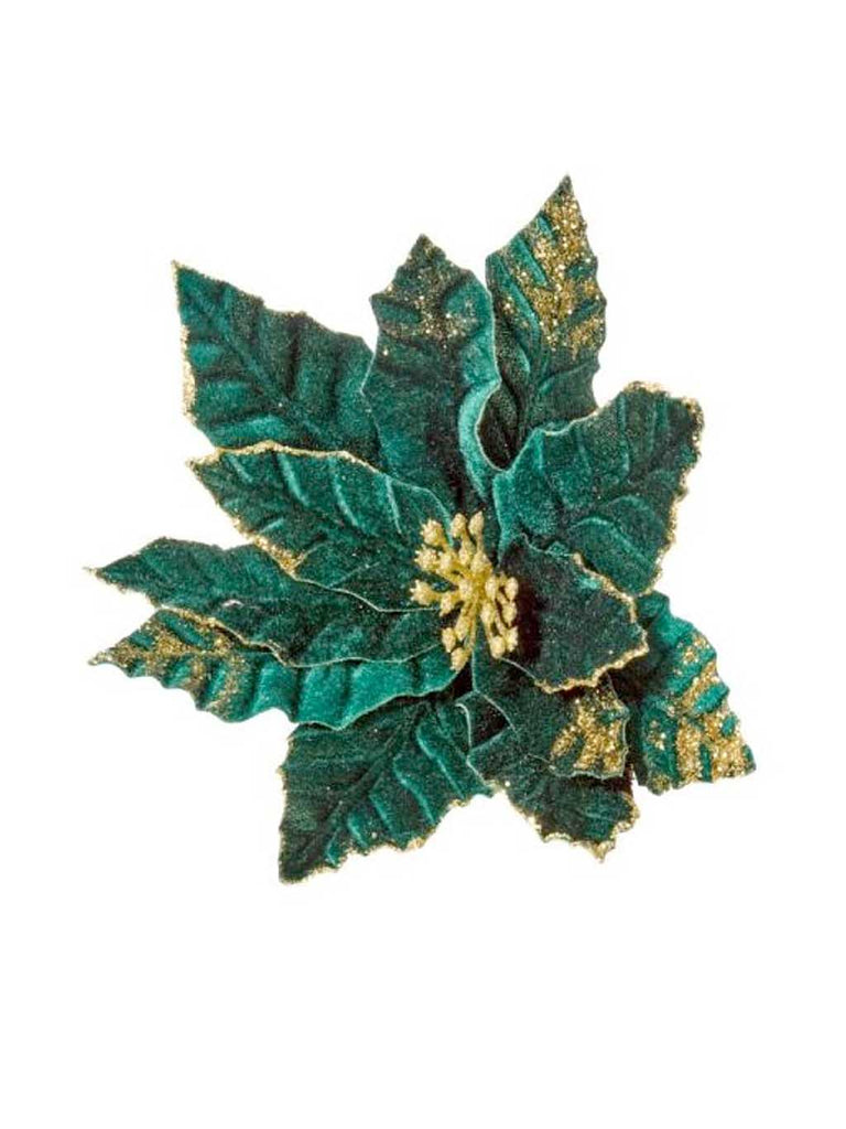 18cm Velvet Flower with Gold Glitter Clip - Green