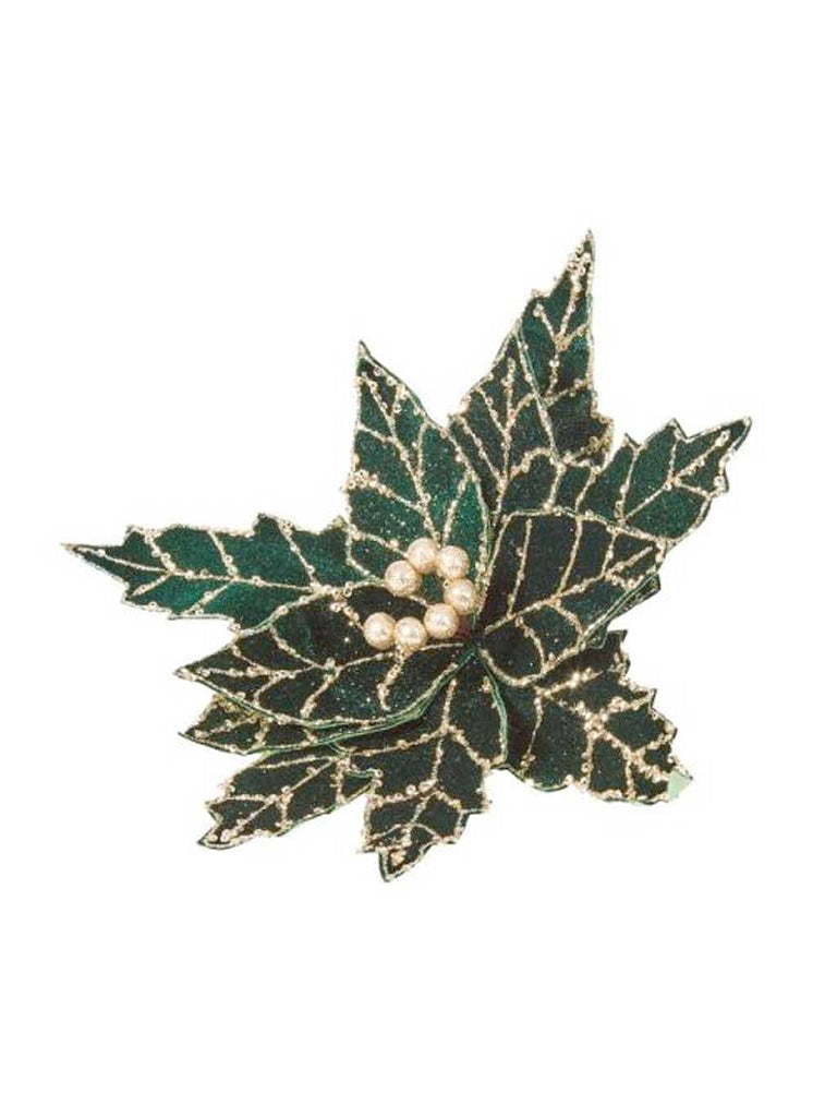 18cm Dark Green Poinsettia with Gold Trim Clip