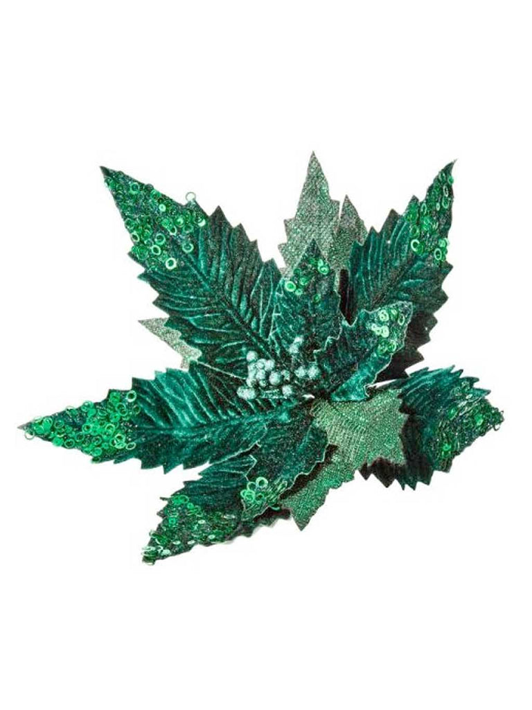 18cm Green Poinsettia with Sequins Clip