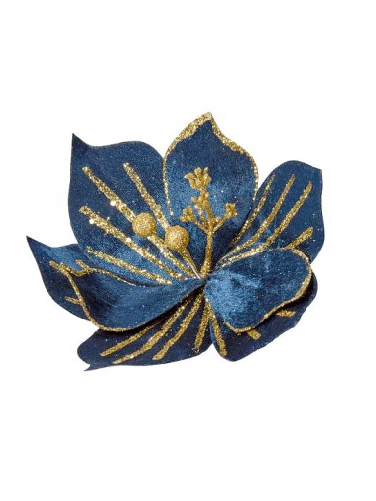 18cm Blue Velvet Flower with Glitter Trim Clip
