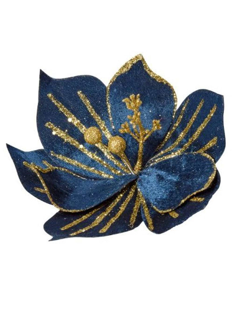 58cm Blue Velvet Flower with Glitter Trim Stem