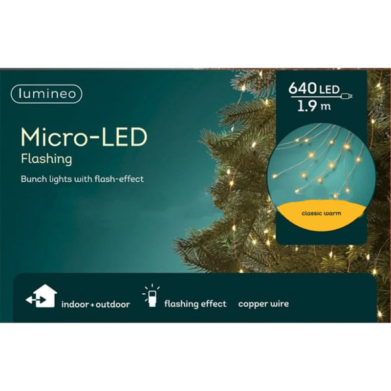 190cm-640L Micro LED Bunch Lights Flashing Effect In/Outdoor - Copper Wire/ Classic Warm LEDs