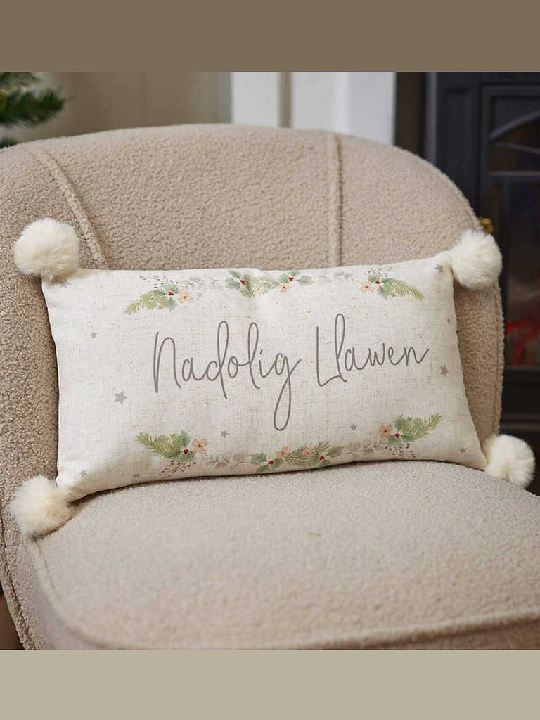 Welsh Xmas Cushion Fabric with Foliage & Pom Poms