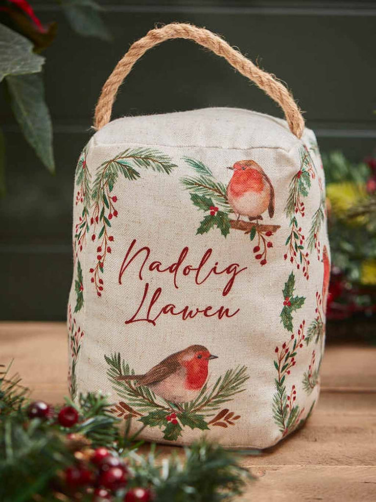 Welsh Nadolig Llawen Festive Robin Doorstop