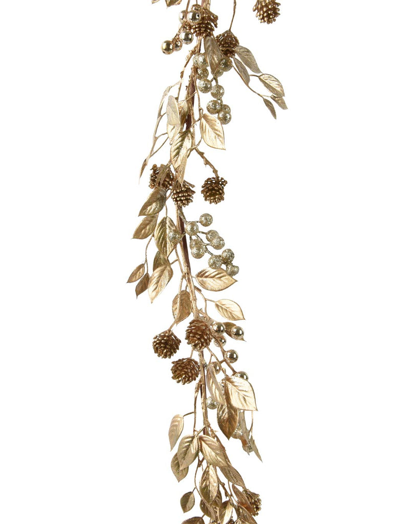 1.3M Gold Garland with Metallic Leaves, Berries & Pinecones