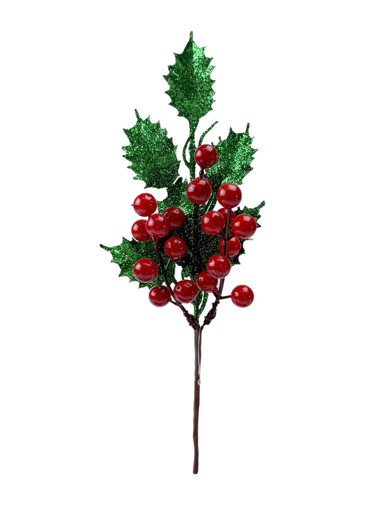27cm Glitter Holly Stem