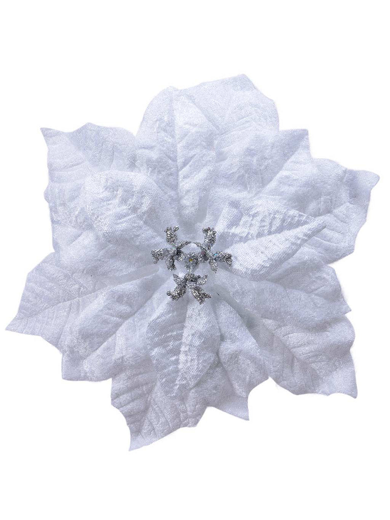 16cm Velvet Poinsettia on Clip - White