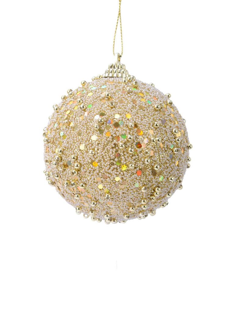 8cm Bauble with Glitter Beads & Sequins - Gold