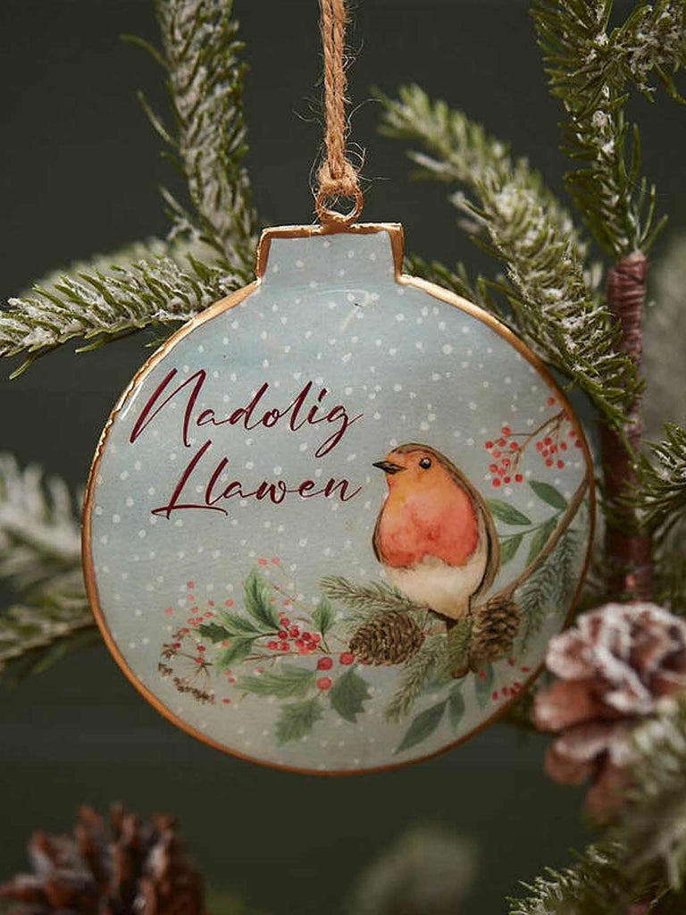 Welsh Nadolig Llawen Metal Robin Bauble Dec