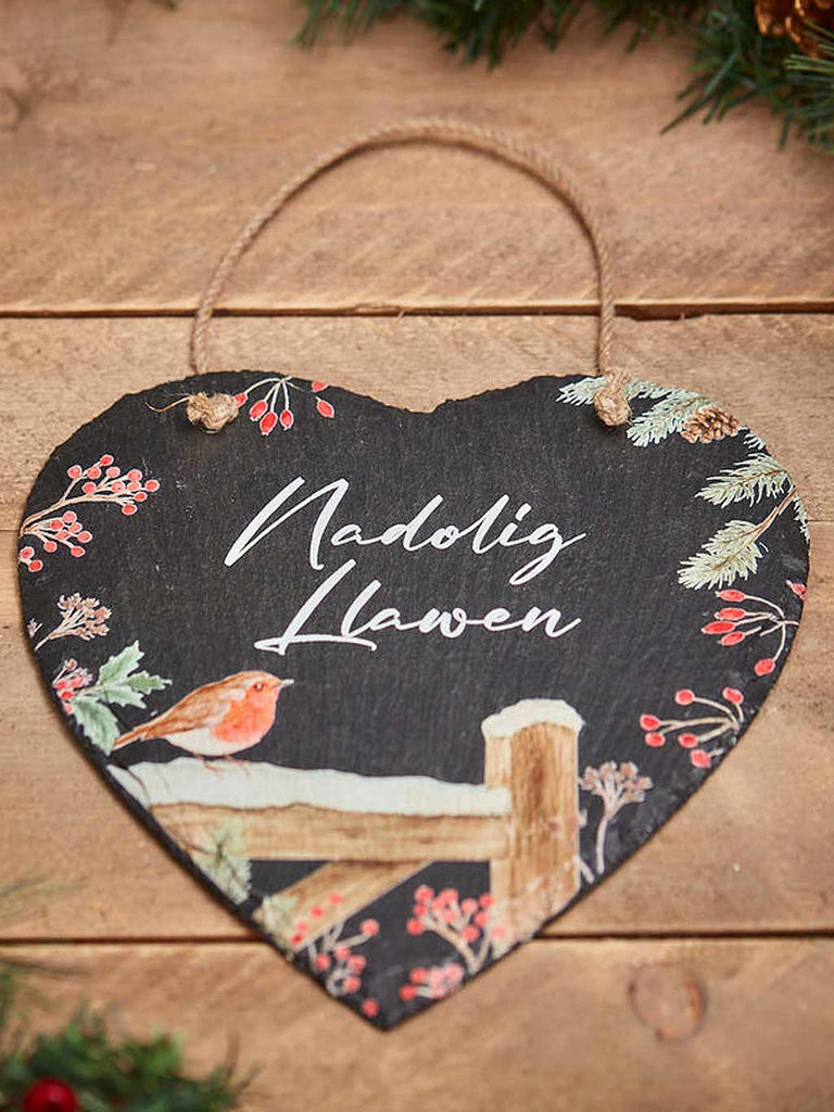 Xmas Welsh Slate Robin Heart Plaque with Nadolig Llawen