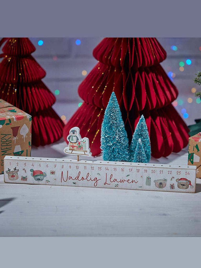 Welsh Xmas Cuties Advent Calendar Wooden with Penguin Marker