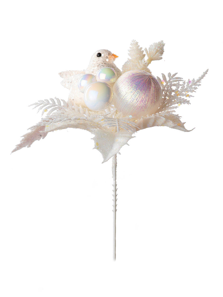 17cm White Glitter Bird Pick