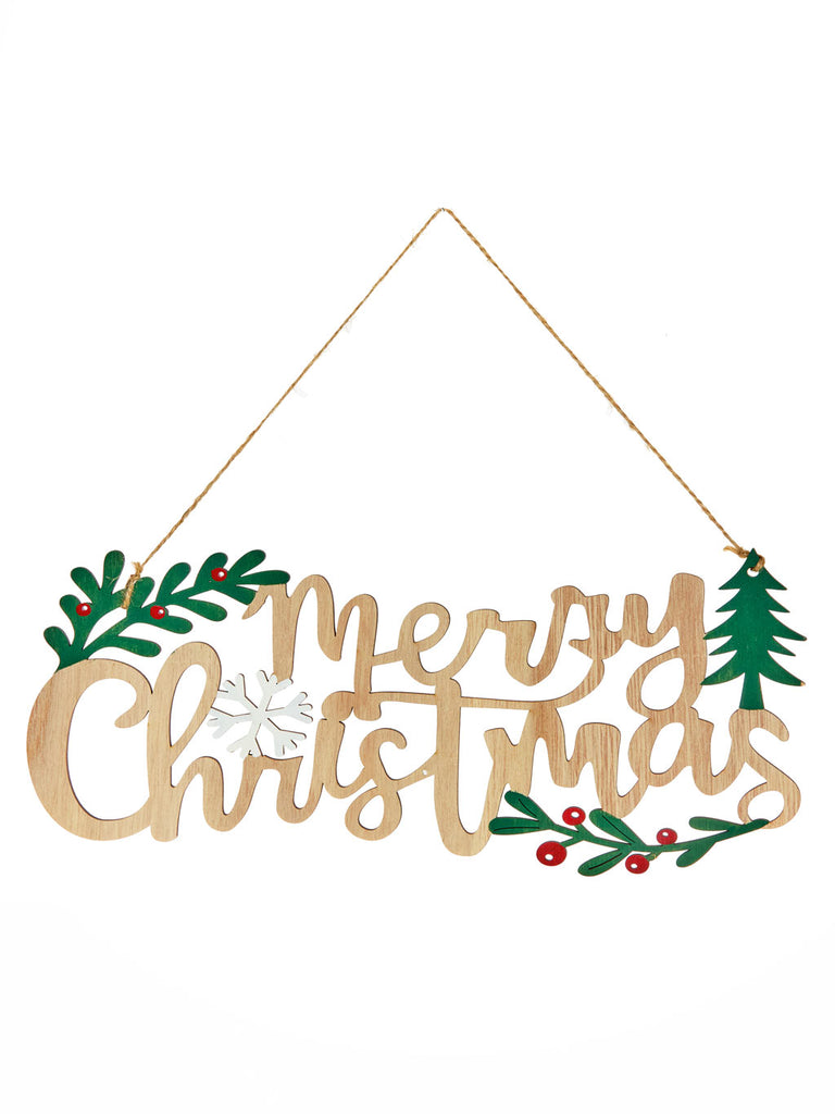 29.5cm Wood Merry Christmas with Holly Berry Hanger