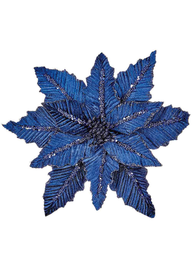 31cm Navy Velvet Poinsettia with Glitter on Clip