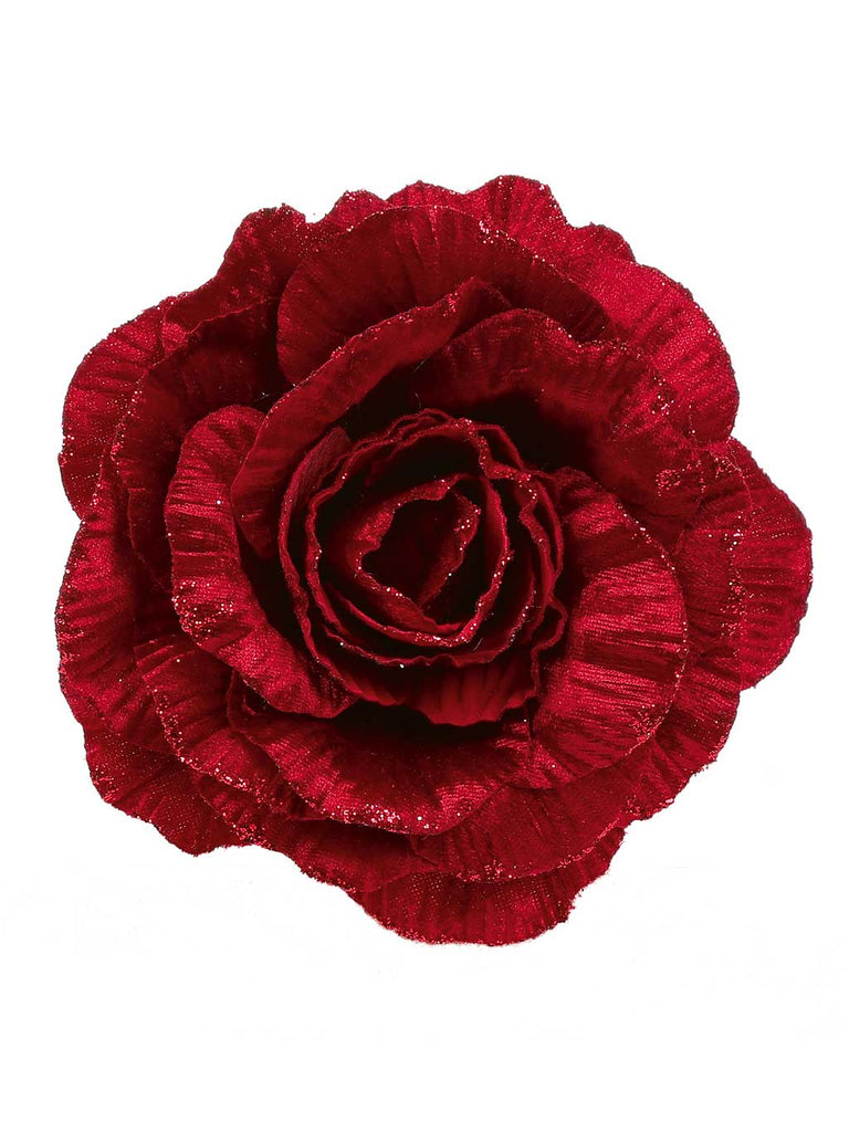 15cm Velvet Glitter Rose Clip On- Burgundy