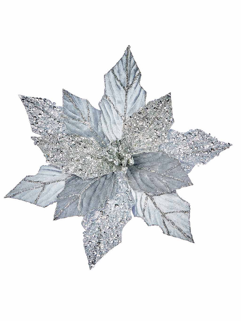 30cm Glitter Velvet Poinsettia Flower on Clip - Silver