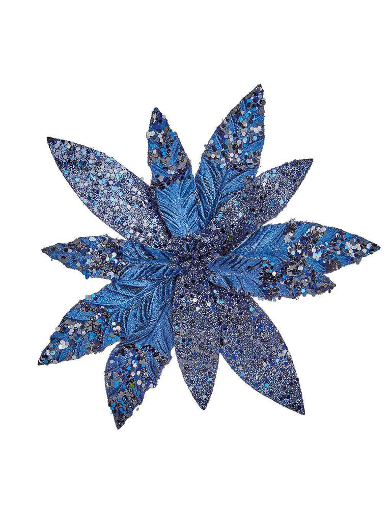 26cm Blue Glitter With Sequin Poinsettia on Clip