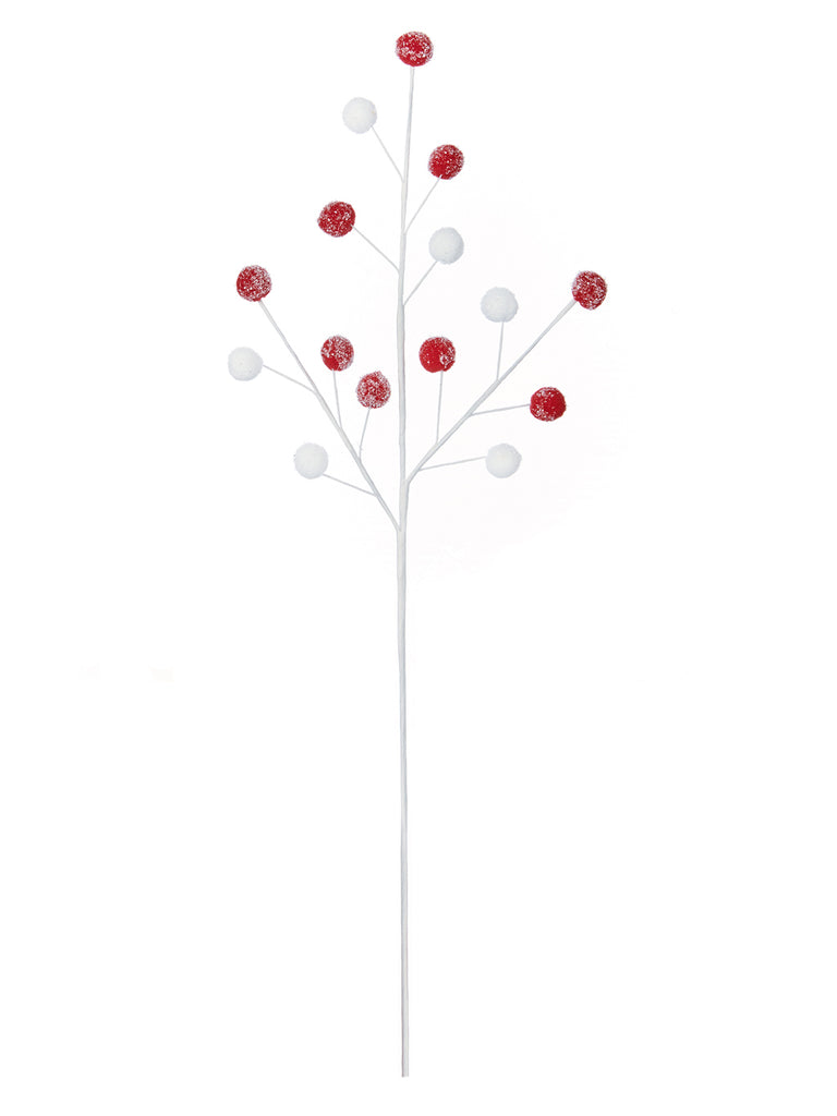 53cm Red & White Frosted Pom Pom Stem