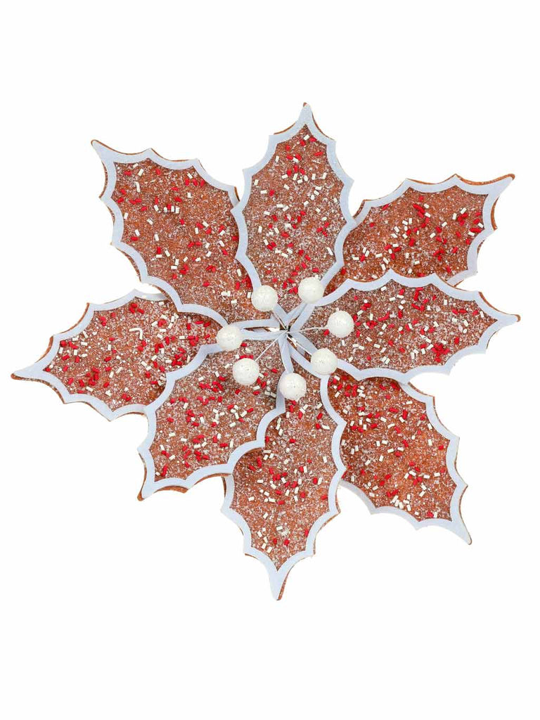 28cm Clip On Iced Gingerbread Holly Flower