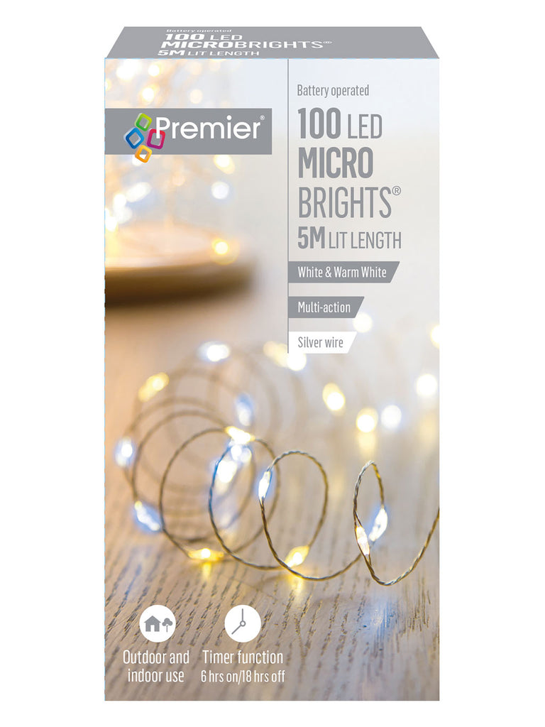 100 LED Multi-Action Battery Operated Microbrights with Timer - White & Warm White Mix