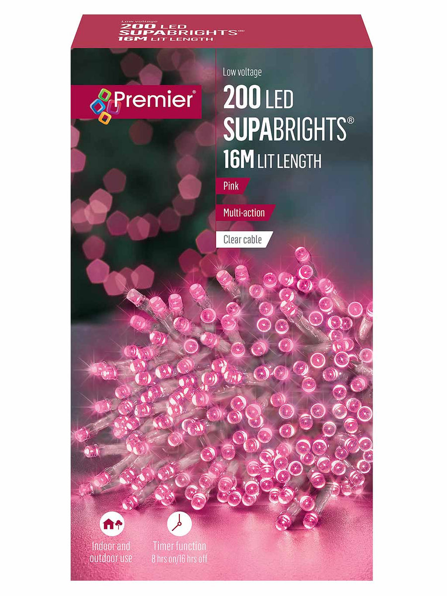 200 LED Multi-Action Supabrights Christmas Lights - Pink with Clear Ca ...