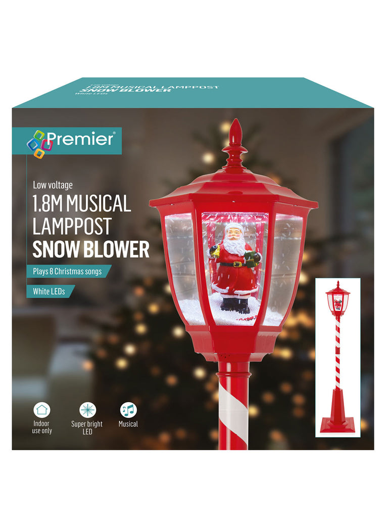 1.8m Lit Musical Lamp Post Snowblower with Santa Scene - Red