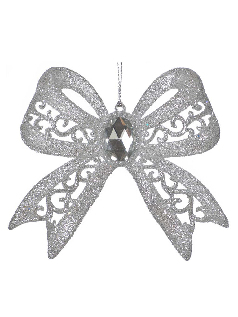 12cm Hanging Glitter Bow Silver