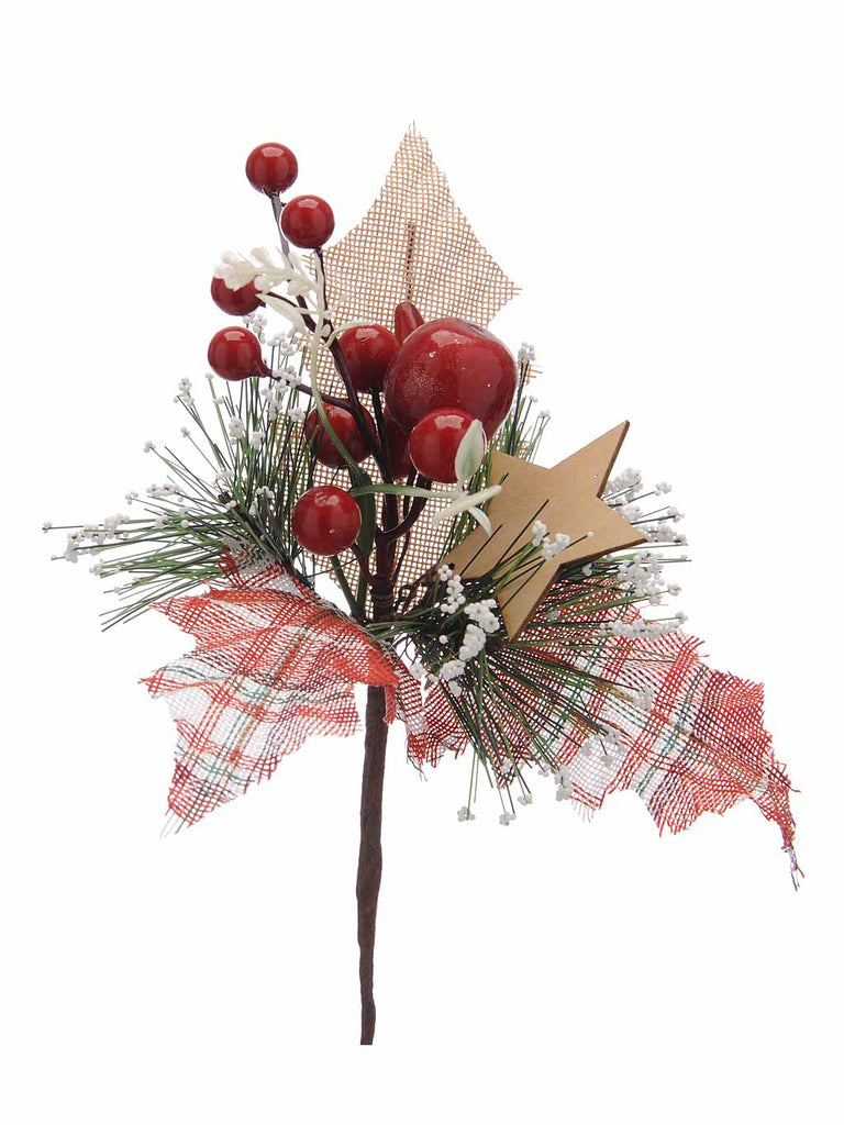 19cm Frosted Spruce - Tartan Leaves, Pinecone Pick