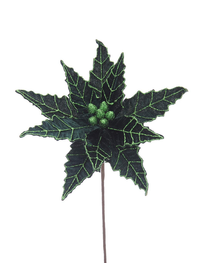50cm Dark Green with Glitter Poinsettia Stem