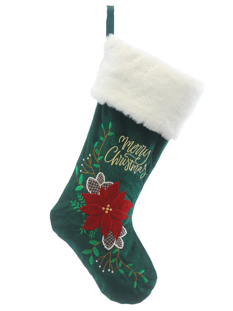 46cm Green Merry Christmas Stocking with Red Poinsettia