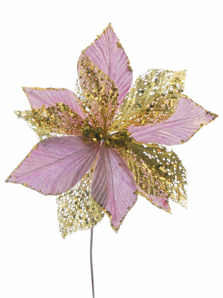 44cm Lilac with Gold Glitter Poinsettia Stem