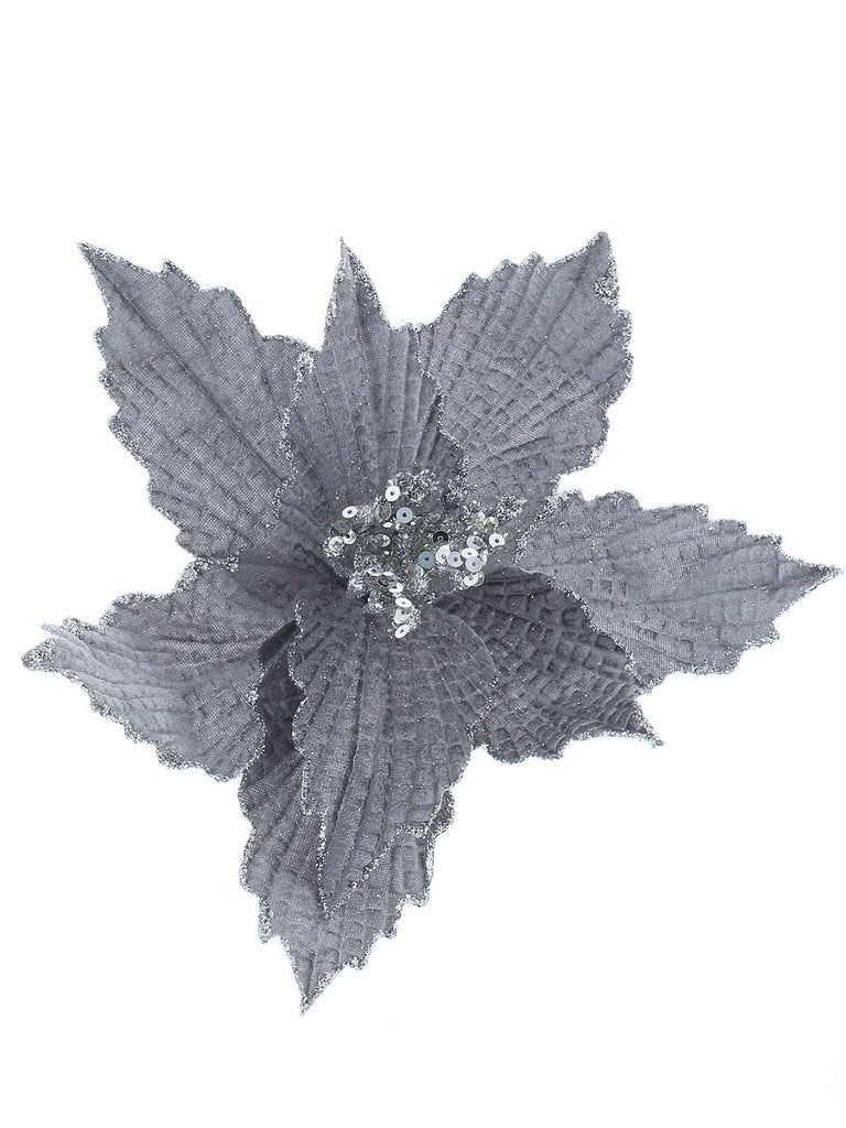 26cm Silver Poinsettia with Silver Glitter Clip On