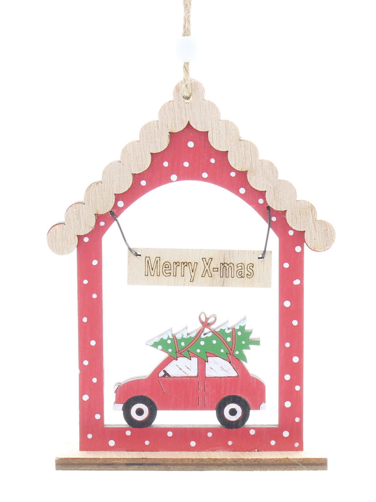 13cm Wooden Red and White Spots House with Car