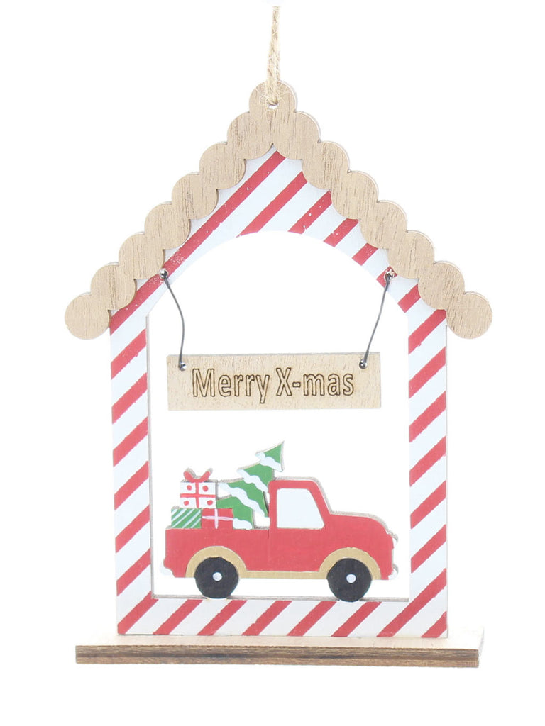 13cm Wooden Red and White Striped House with Car