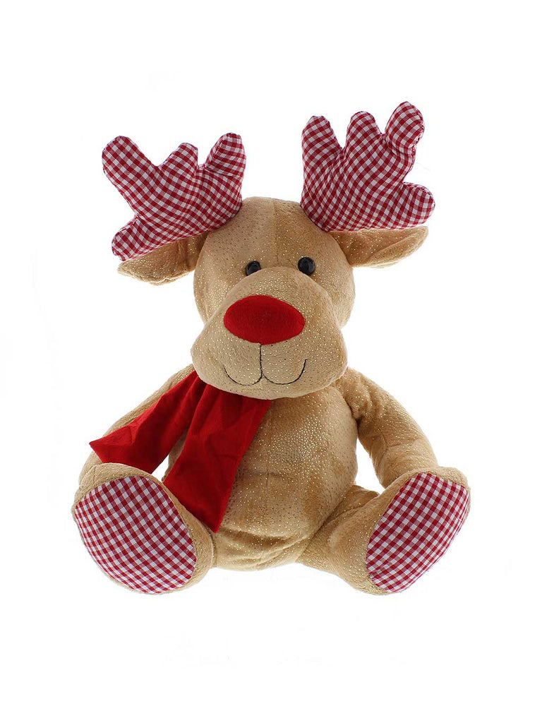 29cm Plush Sitting Reindeer Checked Antlers - Brown and Red