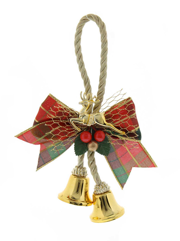 18cm Hanging Gold Metal Bells with Tartan Bow
