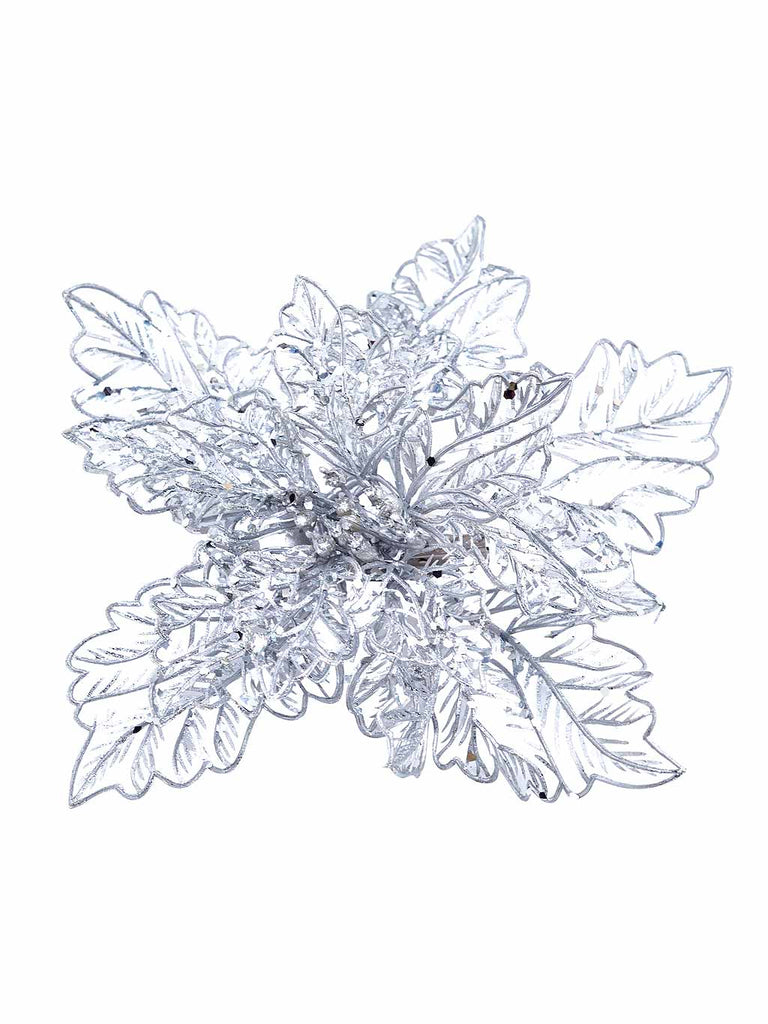 23cm Netted Clip on Poinsettia - Silver