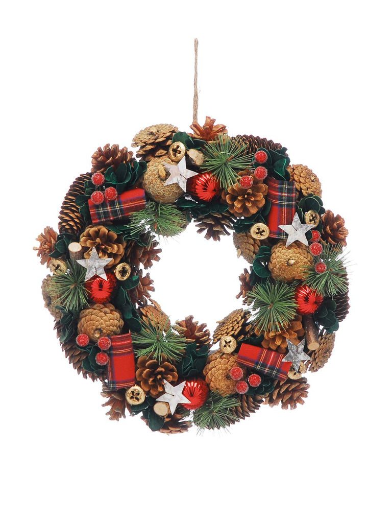 36cm Tartan Ribbon/Red Pinecones Wreath