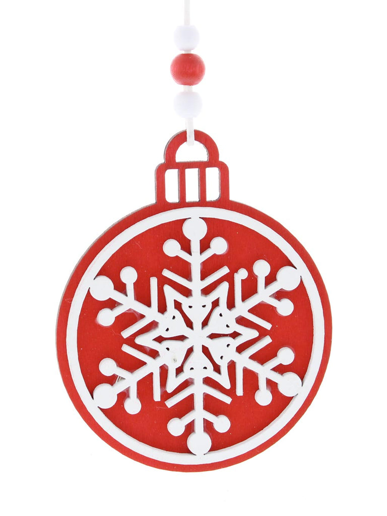 12cm Red and White Wooden Disc with Snowflake