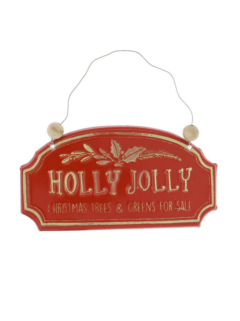 16cm Red/Gold Metal Holly Jolly Sign